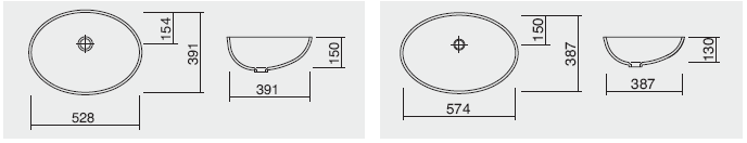 Perla PO-Serie oval - Alle sinnvollen Grössen sind abgedeckt, vom Gästebad bis zur Waschplatzlösung - Frässchablone oder DXF-Daten erhältlich -