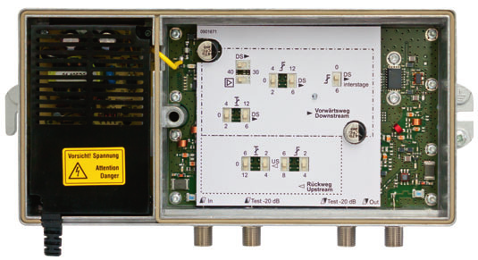 1 GHz-Verstärker, 30/40 db schaltbar, Die Verstärker HG 30/40127 D und HG 30/40127 DF können über Schiebeschalter auf eine Verstärkung von 30 db oder 40 db eingestellt werden.