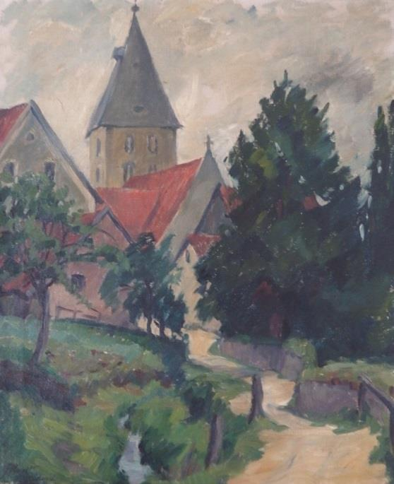 31 22) Anna Piderit (1874-1956) / Kirche, Ortsmitte / Ölgemälde / Im CulturCafe Gemälde als Geschichts-Quelle! Dorfgeschichte in Gemälden!