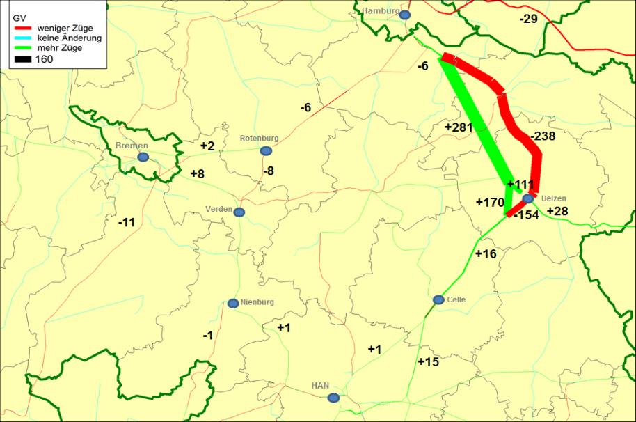 UR / Hannover 6) Ashausen Suderburg(2) PV Nutzen für Züge ohne Halt im UR (24 Zugpaare aus HH); angenommen: 15 Minuten Zeitgewinn Zusätzliche Kapazitäten von 240 Zg./Tag u. Richtung bzw. rd. 75 Zg.