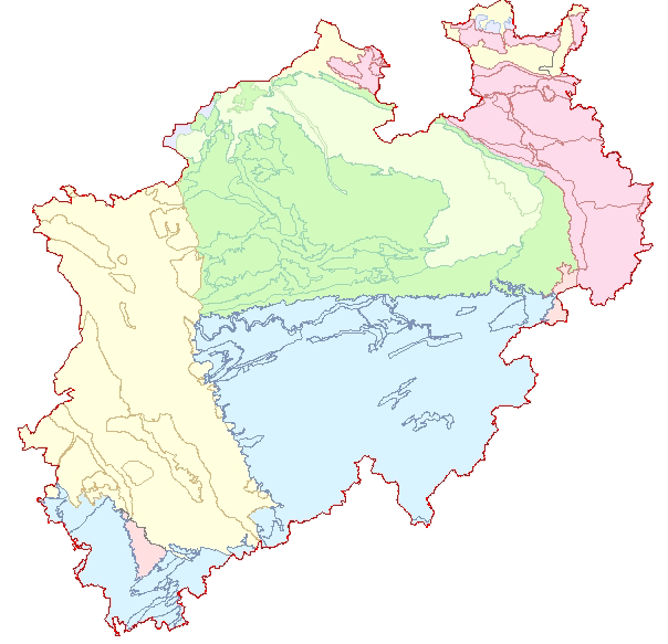 Geologische Karte NRW Regional unterschiedliche Betrachtungsräume Bewertung der Hydrogeologischen Teilräume von NRW Sandmünsterland Abgrenzen der Bereiche mit hydrogeologisch
