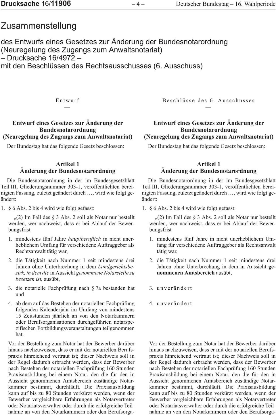 (6. Ausschuss) Entwurf Entwurf eines Gesetzes zur Änderung der Bundesnotarordnung (Neuregelung des Zugangs zum Anwaltsnotariat) Der Bundestag hat das folgende Gesetz beschlossen: Beschlüsse des 6.