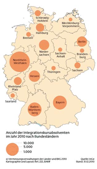 124 IV. Integrationskurse - Tests und Zertifikate Tabelle IV - 12: Integrationskursabsolventen im Jahr 2010 nach Bundesländern 2010 absolut prozentual Baden-Württemberg 11.143 13,3% Bayern 11.