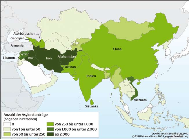 22 I. Asyl Asylanträge Karte I - 3: Asylerstanträge im Jahr 2010 aus Asien Aus Asien stammten im Jahr 2010 insgesamt 21.591 Asylerstantragsteller und damit mehr als aus allen anderen Kontinenten.