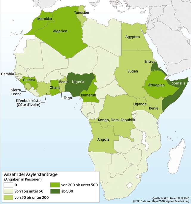 I. Asyl Asylanträge 23 Karte I - 4: Asylerstanträge im Jahr 2010 aus Afrika Aus Afrika kamen im gesamten Jahr 2010 insgesamt 6.