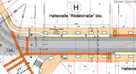 Haltestellenkap mit angehobener Radfahrbahn am Beispiel Leipzig Könneritzstraße