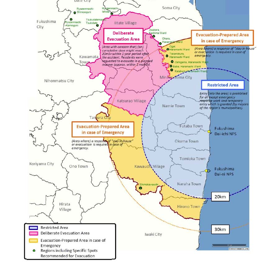 Evakuierungszonen 20 km Radius: Zwangsevakuierung NW-Zone: Evakuierung empfohlen (Kriterium: Jahresdosis > 20 msv) Pläne zur