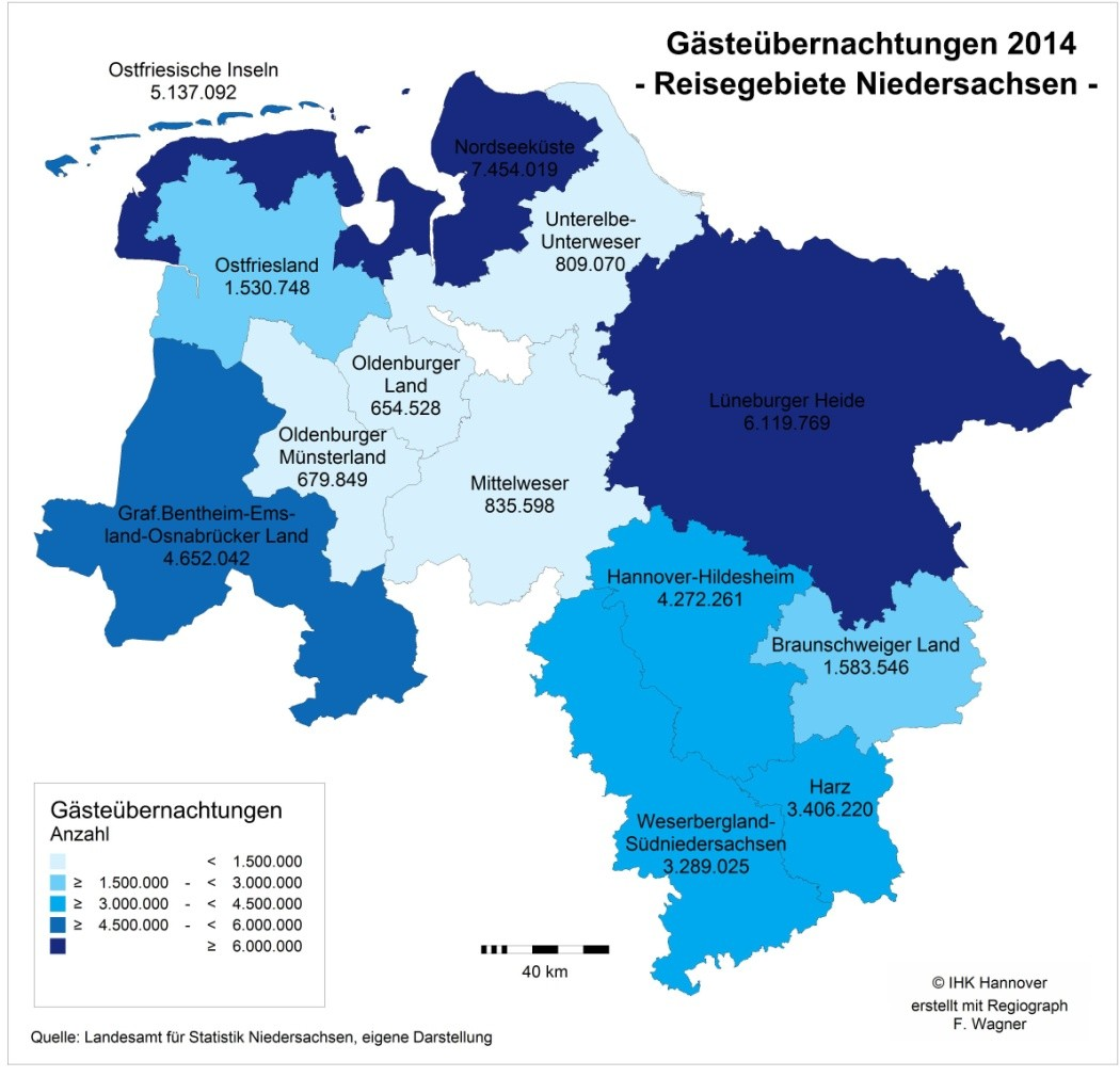 Mit 2.218.736 verzeichnete das Gebiet Hannover-Hildesheim unter den niedersächsischen Reisegebieten in 2014 die größte Zahl an Gästen, gefolgt von der Lüneburger Heide mit 2.111.978.