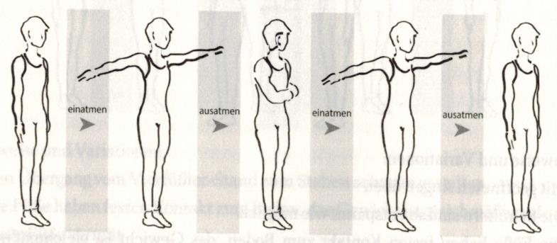 Übung 7: Mit der nächsten Einatmung den rechten Ann vor dem Körper nach oben führen, der Kopf bewegt sich mit. Die Augen und die Aufmerksamkeit sind auf die Spitze des mittleren Fingers ausgerichtet.