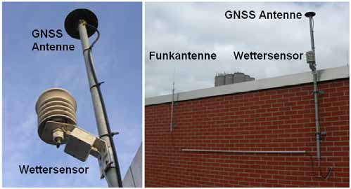 Abb. 4-39 Standort der GNSS-Antenne, des Wettersensors und der Funkantenne (Gebäudeansicht) Die Antennen für den Empfang von GNSS-Signalen sowie die Ausstrahlung von Korrektursignalen sowie die