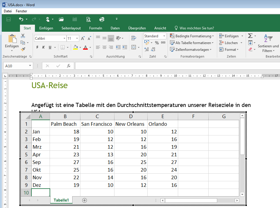 Diagramme, Tabellen, Objekte einfügen 8 Excel-Tabelle einfügen Setzen Sie den Cursor an die Stelle im Dokument, an der Sie eine leere Excel-Tabelle einfügen möchten.