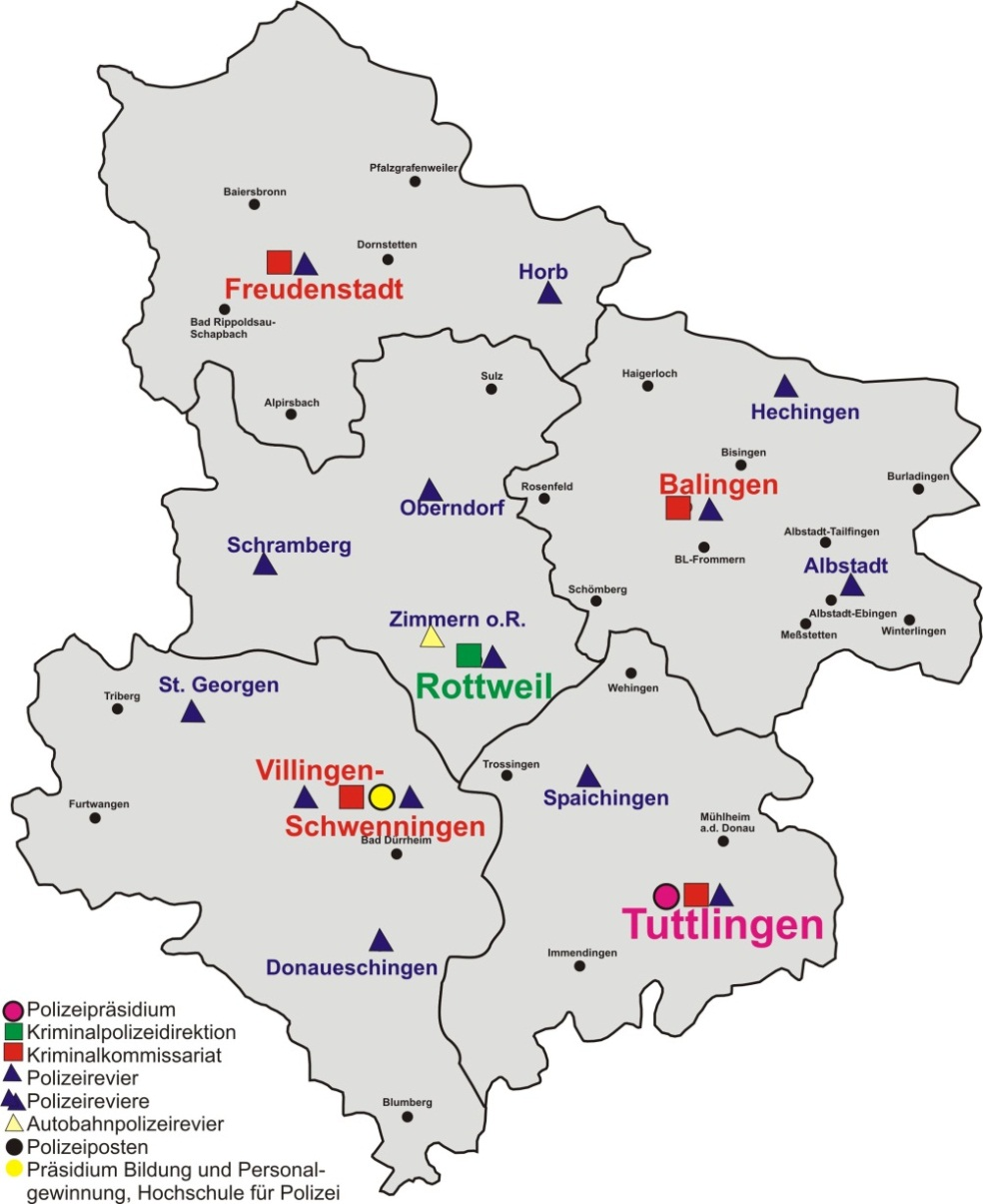 Polizeipräsidium Tuttlingen, Rottweil, Balingen, Freudenstadt, Villingen-Schwenningen Gesamt 1.435 PVD 1.53 davon Schutzpolizei 1.030 davon Kriminalpolizei 3 NVZ 183 788.311 4.