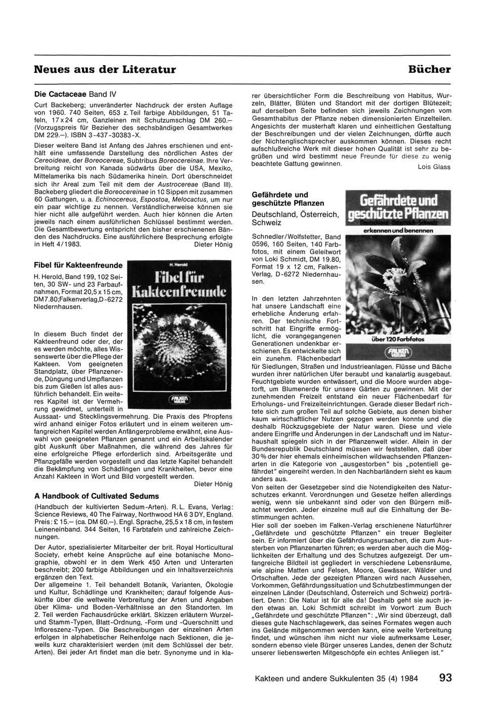 Neues aus der Literatur Die Cactaceae Band IV Curt Backeberg; unveränderter Nachdruck der ersten Auflage von 1960. 740 Seiten, 653 z.
