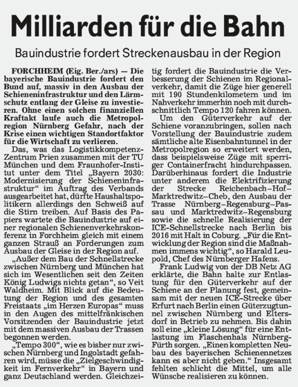 Milliarden für die Bahn von Dr. Walthelm In einer breit angelegten Serie von Verkehrskonferenzen macht sich die Bayerische Bauindustrie derzeit für mehr Investitionen in das Schienennetz stark.