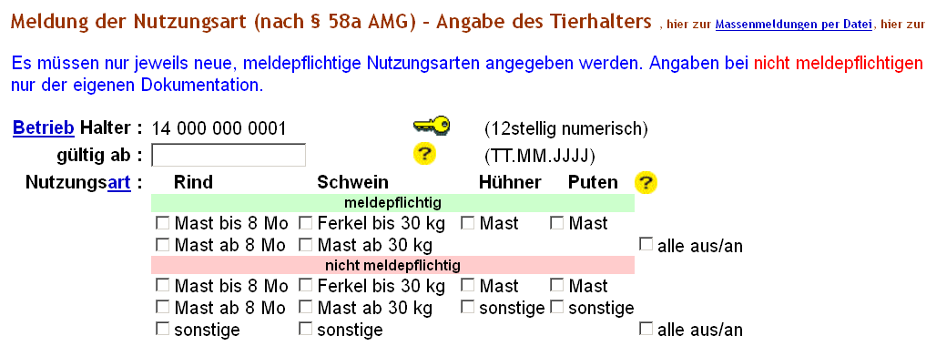 5. In der nun erscheinenden Eingabemaske setzen Sie bitte einen Haken in den entsprechenden Kästchen der meldepflichtigen Tierarten, die Sie haben.