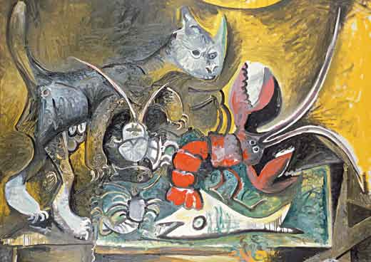 výtvarné umenie VIENNA CITY Nové vnímanie maliarskeho génia PICASSO: Maľovanie proti času Pablo Picasso, Stillleben mit Katze und Hummer, / Zátišie s mačkou a morským rakom / Still Life with Cat and