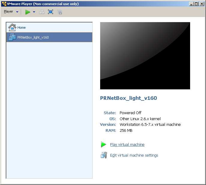 Nun finden Sie die PRNetBox light in Ihrer Liste des VMware Players.