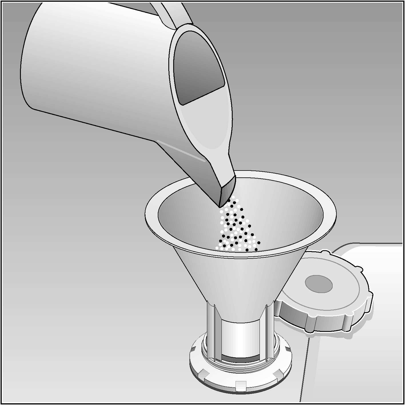Spezialsalz einfüllen Wirkungsweise des Salzes Während des Spülens wird automatisch das Salz aus dem Salzbehälter in den Enthärter geschwemmt und löst dort den Kalk.