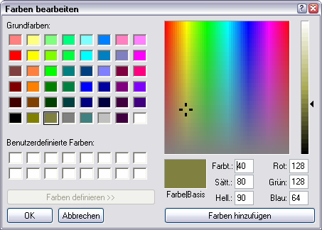 Durch anwählen der Schaltfläche Farbe definieren gelangen Sie zu dem in Abbildung 6 dargestellten Menüfenster, welches ihnen ermöglicht bis zu 16 Benutzerdefinierte Farben festzulegen.