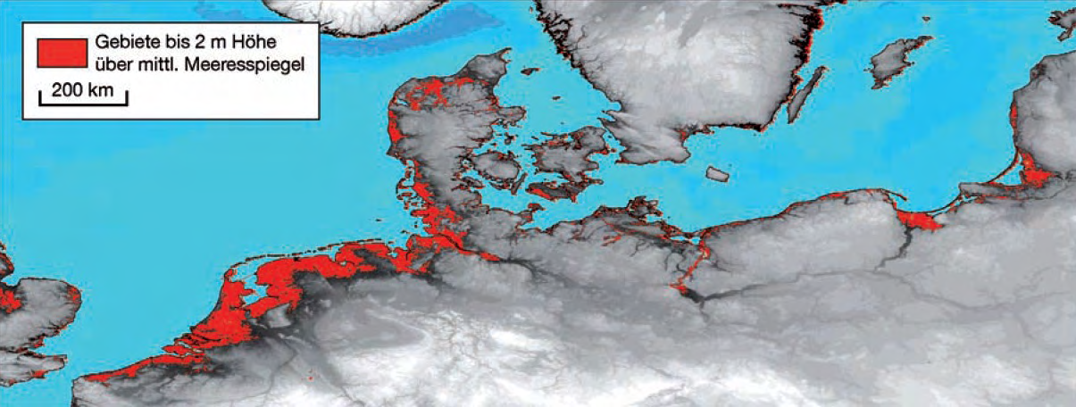 Vom Meeresspiegelanstieg besonders betroffene Gebiete: Küstenregionen, die niedriger als 2 m über dem gegenwärtigen mittleren Meeresspiegel liegen sind rot gefärbt (ohne Berücksichtigung von