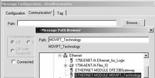 Projektierung und nbetriebnahme (EtherNet/P) Projektierungsbeispiel in RSLogix 5 6 4. Öffnen Sie mit der Schaltfläche [...] im Baustein MSG das Fenster "Message Configuration - Read Parameter".