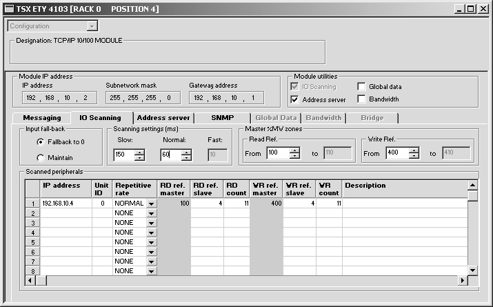 Projektierung und nbetriebnahme (Modbus/TCP) Projektierung des Masters (Modbus-Scanner) 8 8.2.3 Ansprechen des Antriebs über /O-Scanning Wählen Sie die Registerkarte "O Scanning" aus.