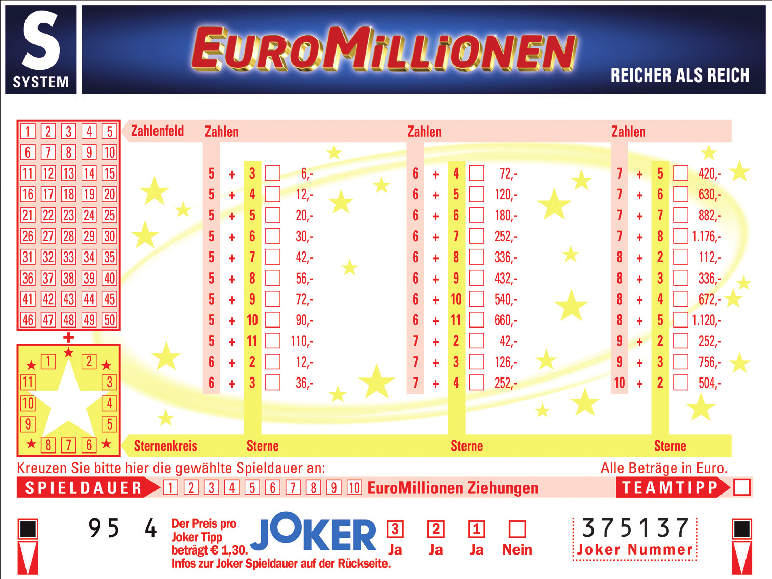 DER EUROMILLIONEN SYSTEMSCHEIN Beim EuroMillionen Systemschein können Sie im feld statt mit nur 5 mit bis zu 10 spielen sowie im nkreis statt mit nur 2 mit bis zu 11 spielen.