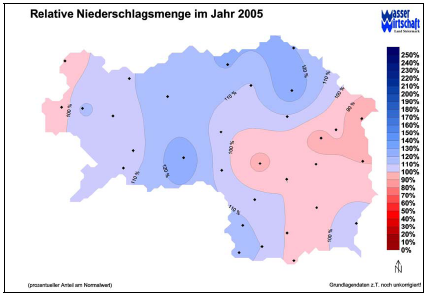 Abb. 3 Relative Niederschlagsverteilung in der Steiermark für das Jahr 2005 Quelle: FA19A Wasserwirtschaftliche Planung und Siedlungswasserwirtschaft, Ref. Hydrographie 3.2. Pflanzliche Produktion 3.