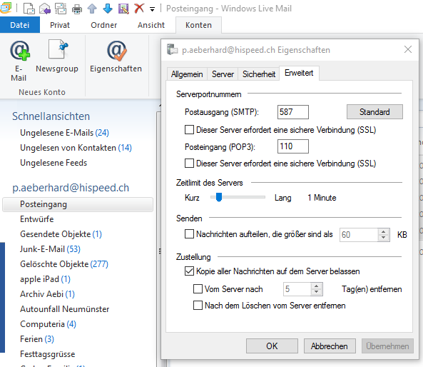 Einstellungen im Windows Live Mail 1. Konten anwählen 2. Im gewünschten Konto auf Eigenschaften klicken 3.