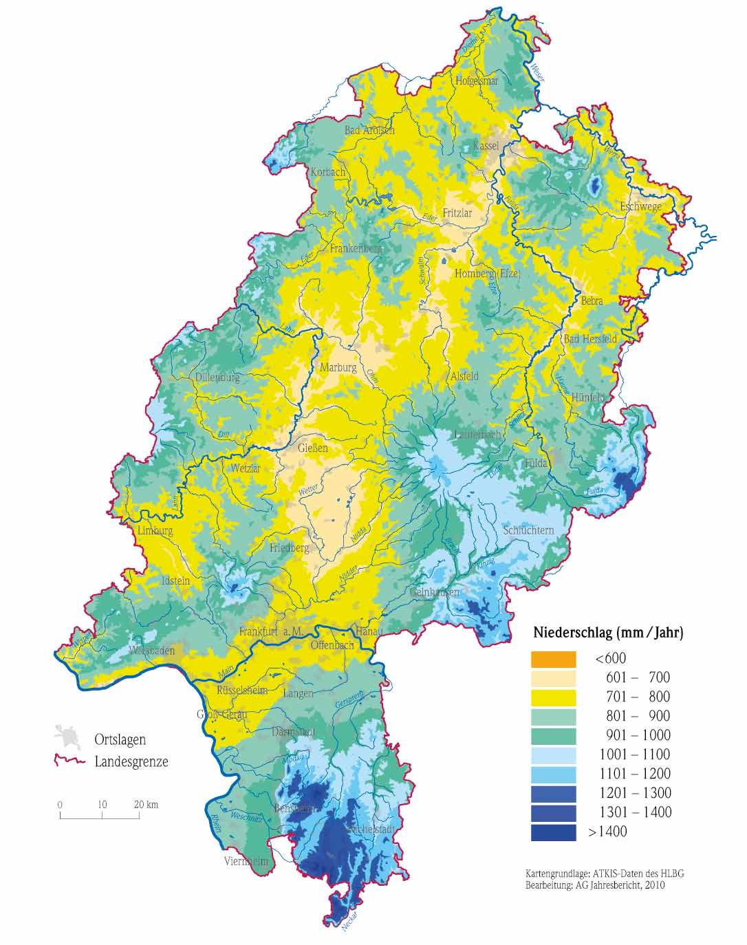 Hydrologie in Hessen, Heft 7 Gewässerkundlicher Jahresbericht 2010 Im hessischen Ried sind vergleichsweise zu früheren Jahren höhere Regenmengen mit Werten zwischen 700 und 1000 mm gefallen.