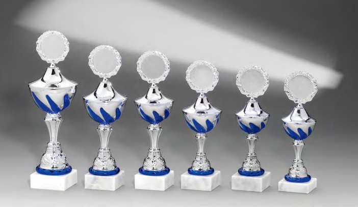 3er Serie Pokale 45-50 cm Silber/Blau Weltkugel  inkl Gravur und Emblem E558 