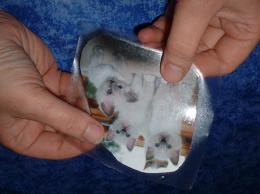 Schritt 2: Bekleben des Fotos Klebfolie etwa 1 cm vorsichtig vom Trägerpapier lösen. Klebfolie nach und nach mit einem weichen Stoffstück auf das Foto streichen.