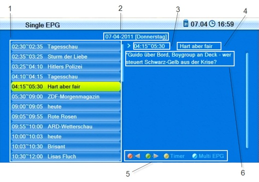 Grundlegende Bedienung 5.7.6.1 Single EPG Drücken Sie die EPG-Taste der Fernbedienung. Das Fenster Single EPG (Informationen über ein Programm) öffnet sich. Nr.