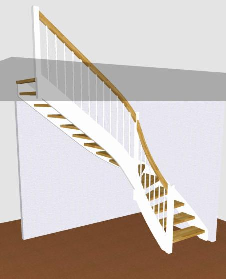 Massivholztreppe in den Penthousewohnungen Holzwangentreppen mit Holzstabgeländer und Eckpfosten Treppengesamtbreite: Treppenlauf: bis 96 cm ½ gewendelt Stufen, Pfostenköpfe und Handläufe in Eiche