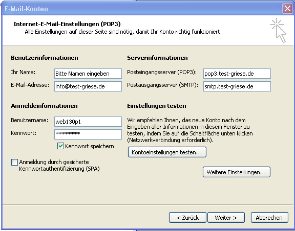 5. Name,Emailadresse, Posteingangs- u. ausgangsserver, Benutzername u. Kennwort eingeben POP3-Server: pop3.ihredomain.tld (z.b. pop3.mambo100.