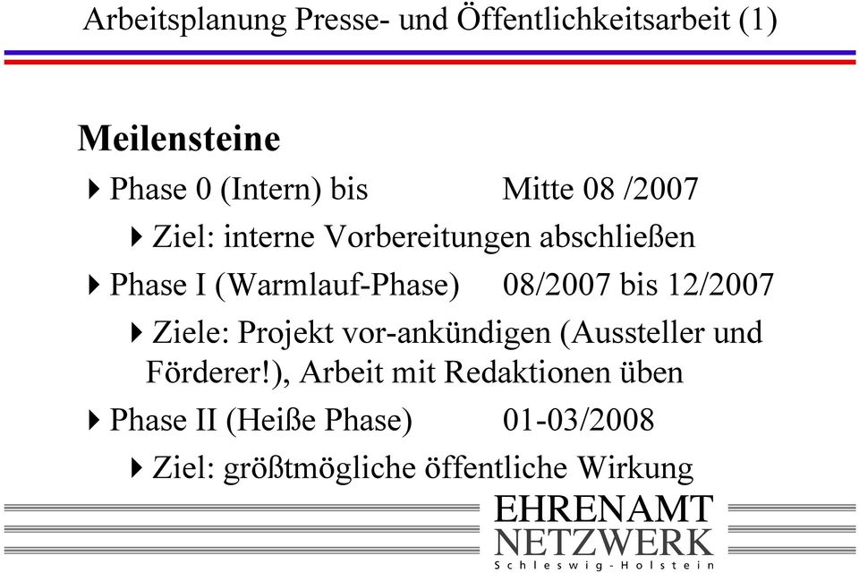 08/2007 bis 12/2007 Ziele: Projekt vor-ankündigen (Aussteller und Förderer!