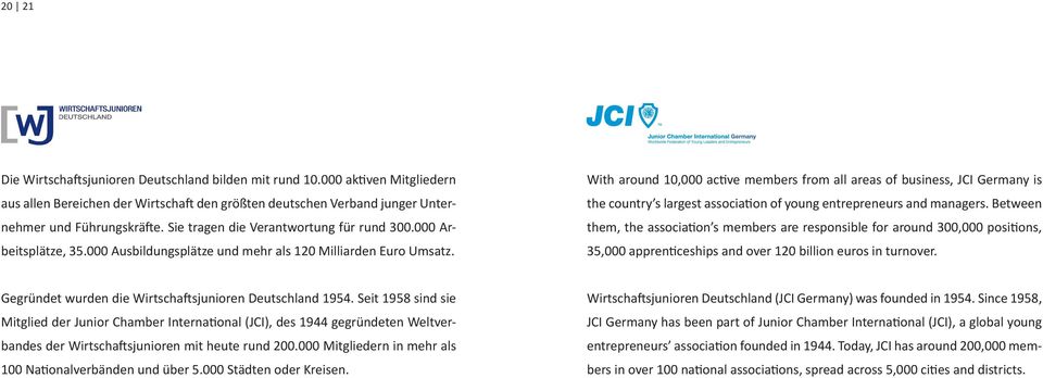 With around 10,000 active members from all areas of business, JCI Germany is the country s largest association of young entrepreneurs and managers.