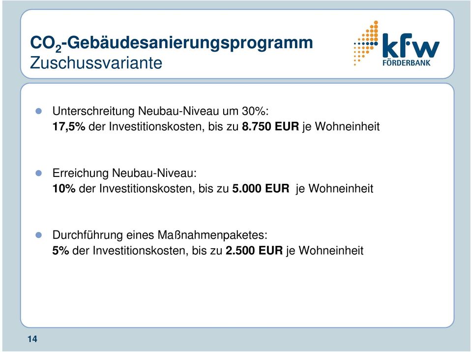 750 EUR je Wohneinheit Erreichung Neubau-Niveau: 10% der Investitionskosten, bis zu