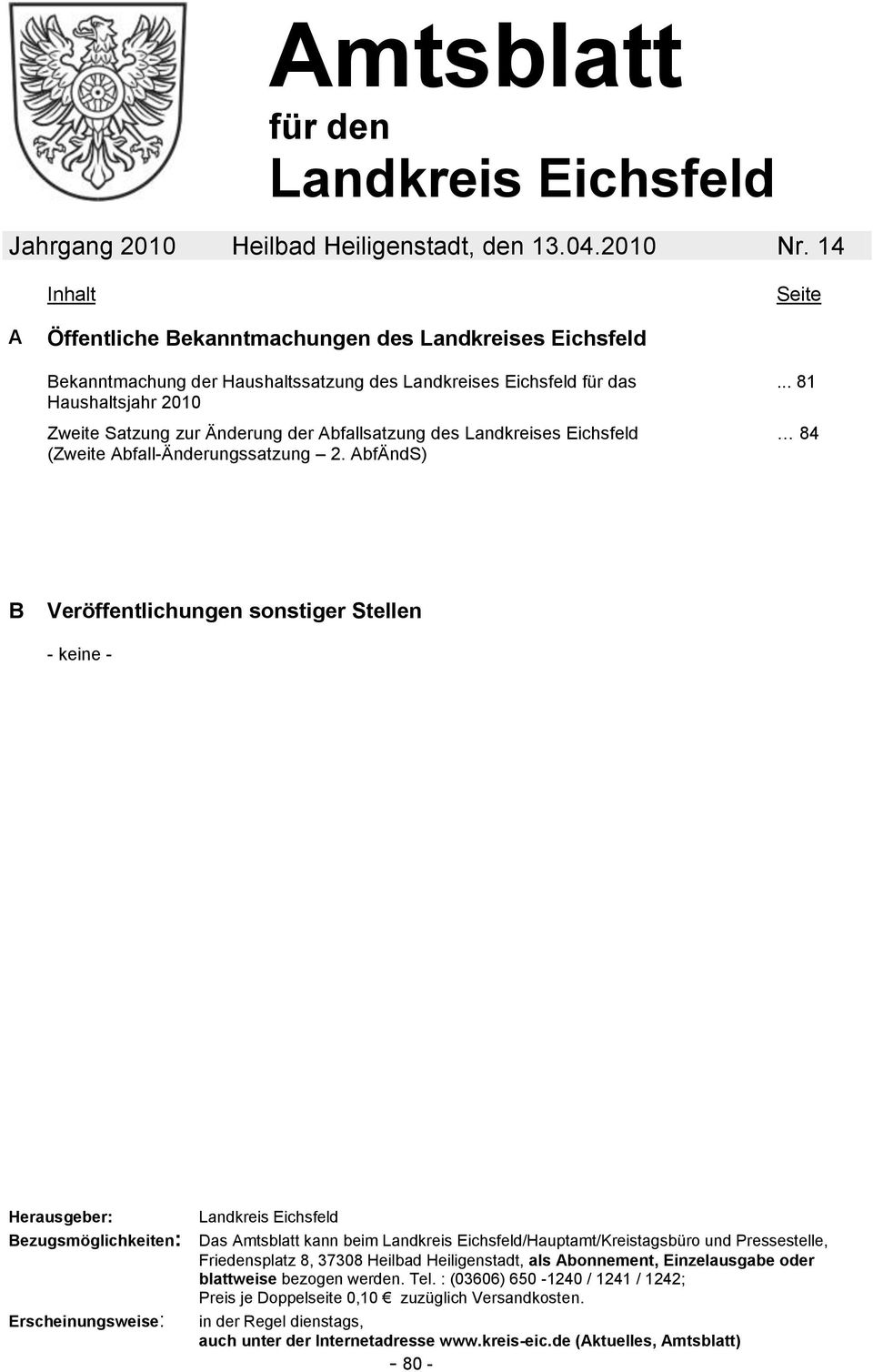 Abfallsatzung des Landkreises Eichsfeld (Zweite Abfall-Änderungssatzung 2. AbfÄndS).