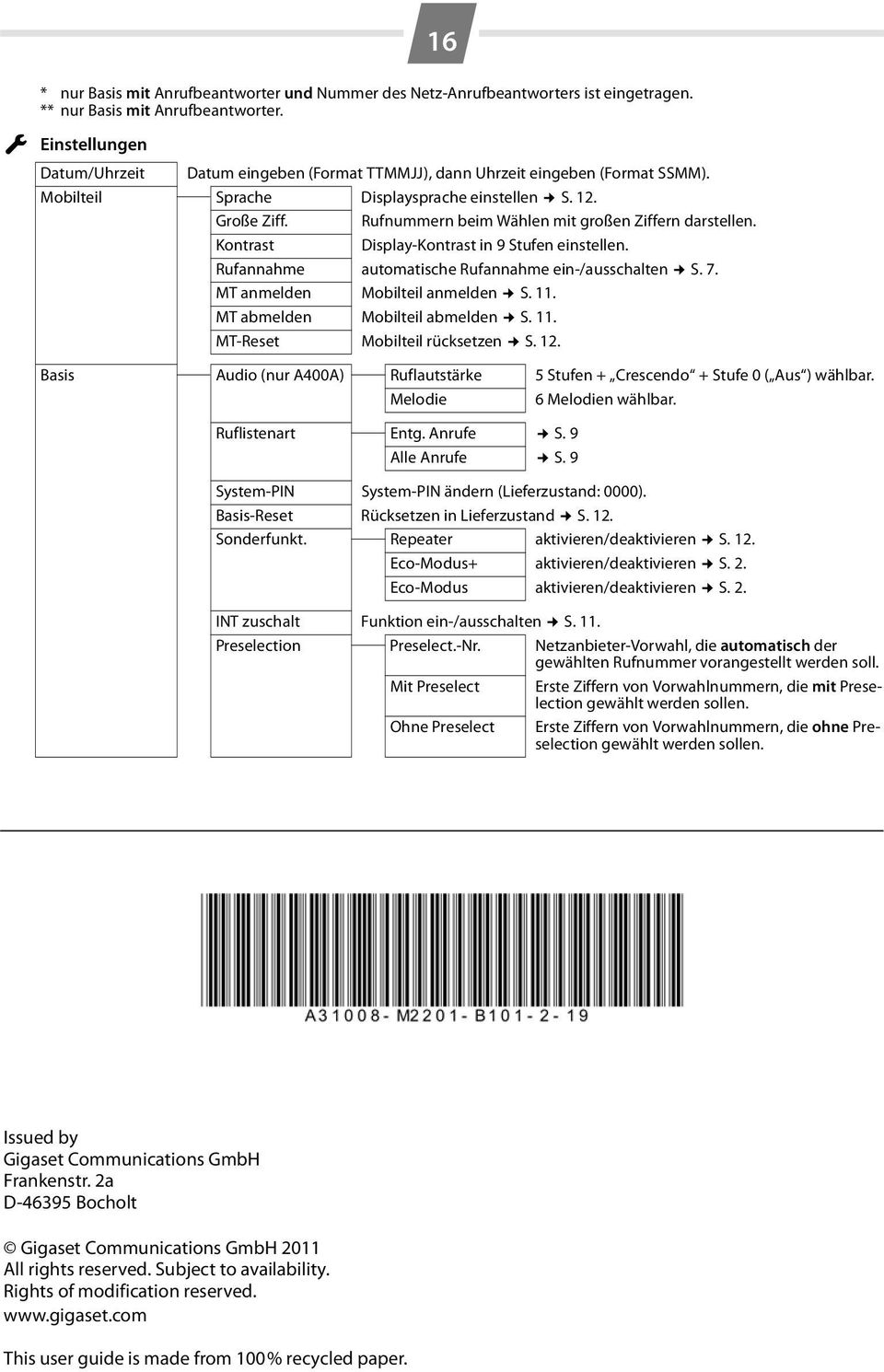 Rufnummern beim Wählen mit großen Ziffern darstellen. Kontrast Display-Kontrast in 9 Stufen einstellen. Rufannahme automatische Rufannahme ein-/ausschalten S. 7. MT anmelden Mobilteil anmelden S. 11.