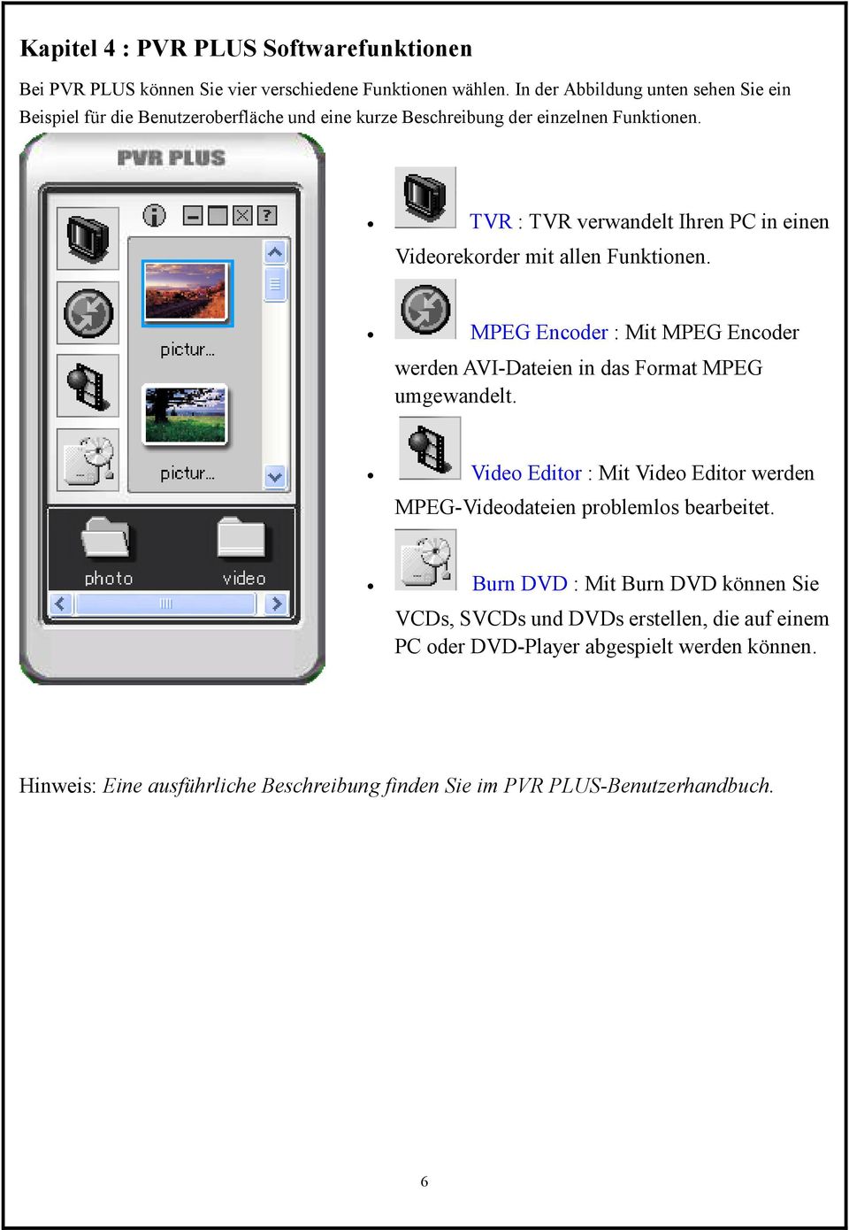 TVR : TVR verwandelt Ihren PC in einen Videorekorder mit allen Funktionen. MPEG Encoder : Mit MPEG Encoder werden AVI-Dateien in das Format MPEG umgewandelt.