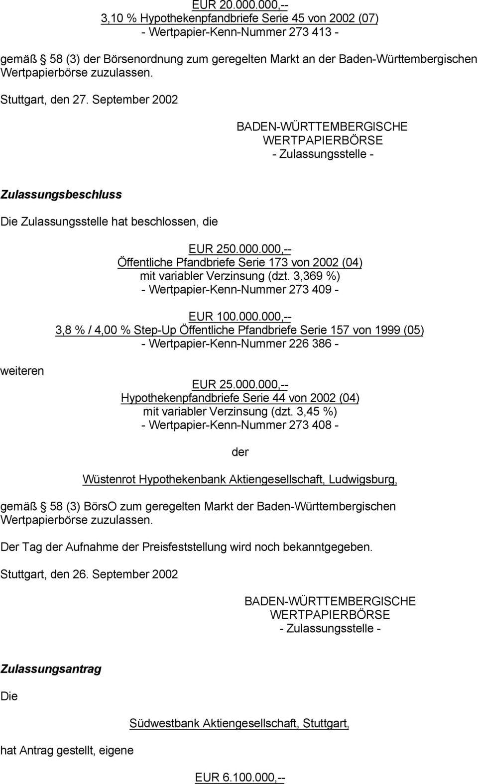 Stuttgart, den 27. September 2002 BADEN-WÜRTTEMBERGISCHE WERTPAPIERBÖRSE - Zulassungsstelle - Zulassungsbeschluss Die Zulassungsstelle hat beschlossen, die EUR 250.000.