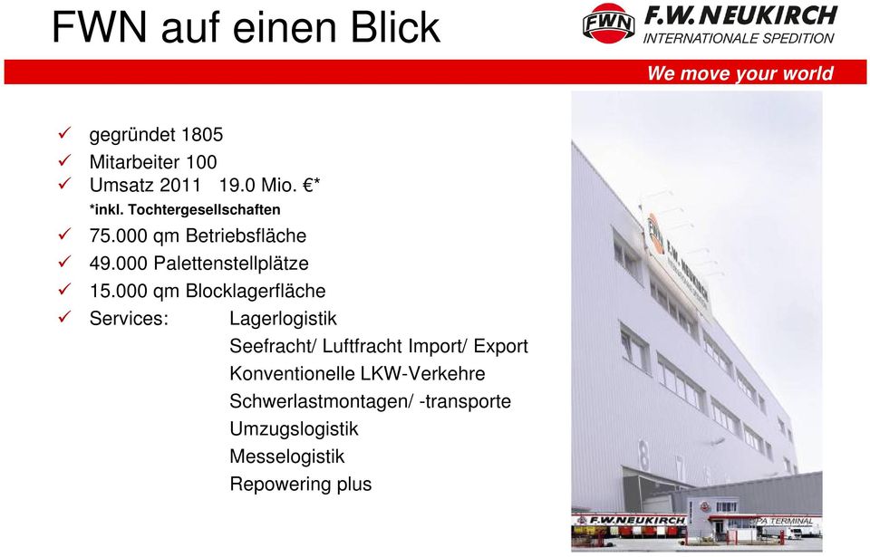 000 qm Blocklagerfläche Services: Lagerlogistik Seefracht/ Luftfracht Import/ Export