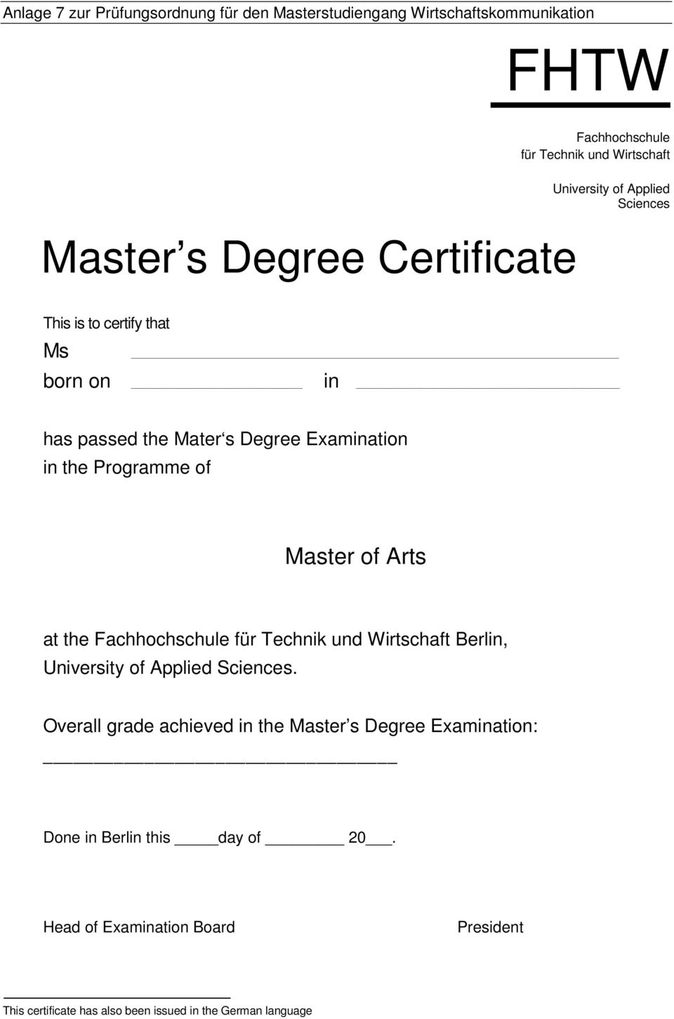 Programme of Master of Arts at the Berlin,.