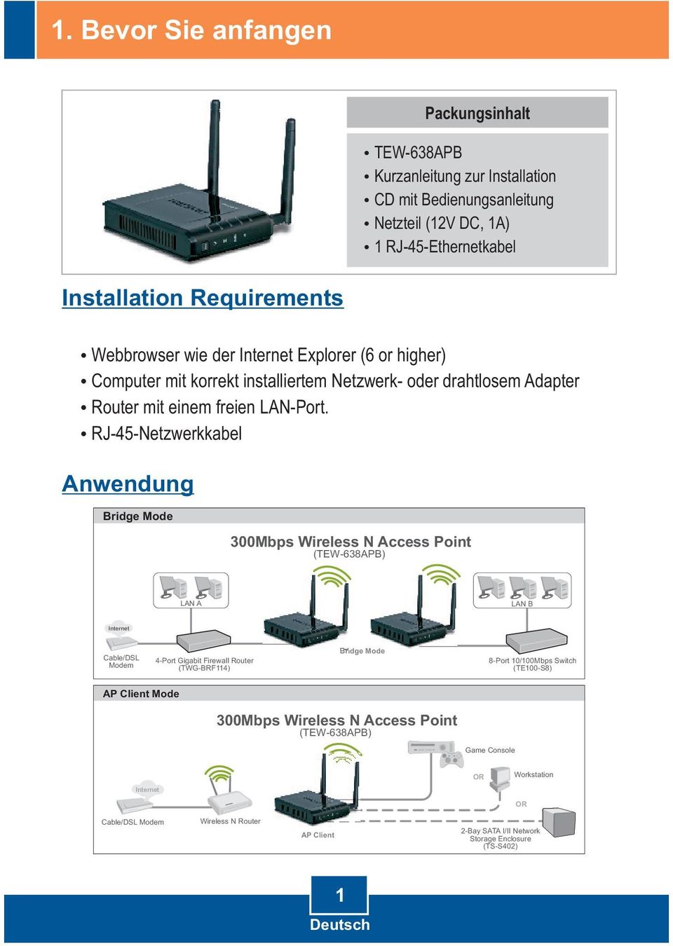 der Internet Explorer (6 or higher) Computer mit korrekt installiertem Netzwerk- oder drahtlosem Adapter Router mit einem freien LAN-Port.