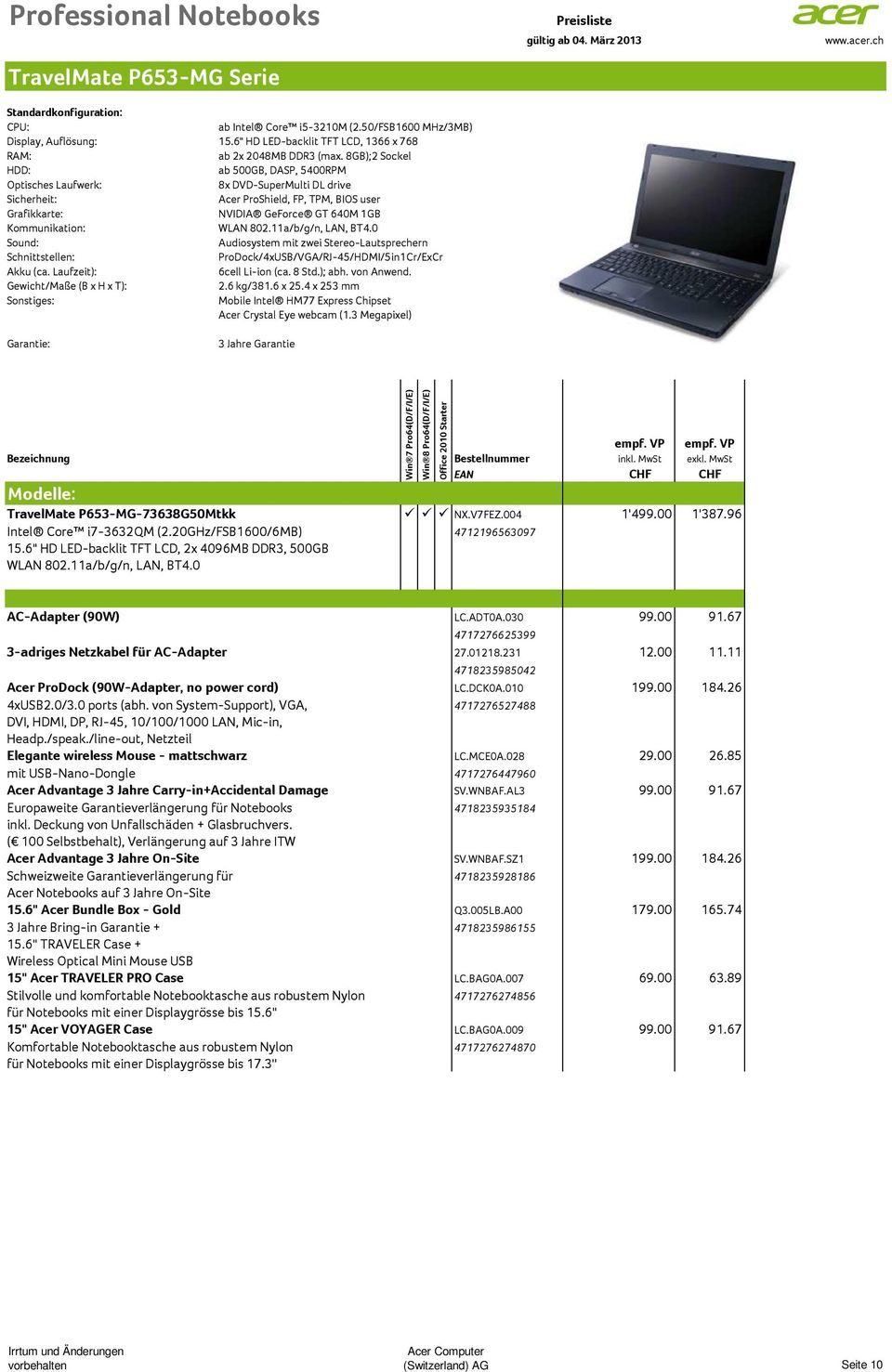 0 ProDock/4xUSB/VGA/RJ-45/HDMI/5in1Cr/ExCr 6cell Li-ion (ca. 8 Std.); abh. von Anwend. Gewicht/Maße (B x H x T): 2.6 kg/381.6 x 25.4 x 253 mm Acer Crystal Eye webcam (1.