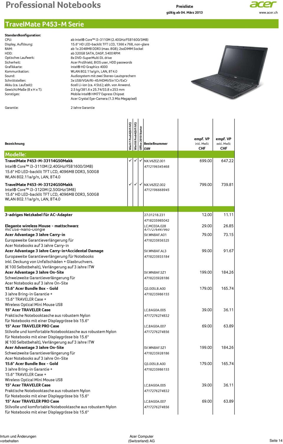 USB/VGA/RJ-45/HDMI/5in1Cr/ExCr 6cell Li-ion (ca. 4 Std.); abh. von Anwend. Gewicht/Maße (B x H x T): 2.5 kg/381.6 x 25.74/33.8 x 253 mm Acer Crystal Eye-Camera (1.