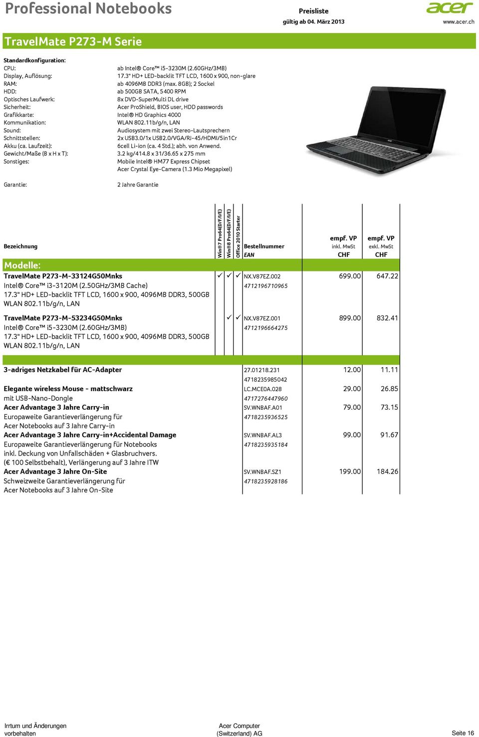 0/1x USB2.0/VGA/RJ-45/HDMI/5in1Cr 6cell Li-ion (ca. 4 Std.); abh. von Anwend. Gewicht/Maße (B x H x T): 3.2 kg/414.8 x 31/36.65 x 275 mm Acer Crystal Eye-Camera (1.
