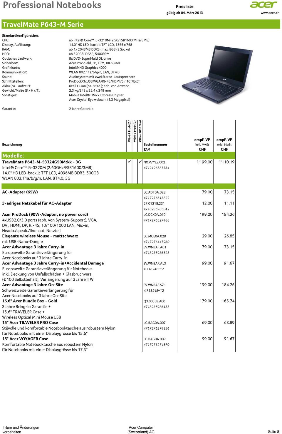 0 ProDock/3xUSB/VGA/RJ-45/HDMI/5in1Cr/ExCr 6cell Li-ion (ca. 8 Std.); abh. von Anwend. Gewicht/Maße (B x H x T): 2.3 kg/343 x 25.4 x 248 mm Acer Crystal Eye webcam (1.