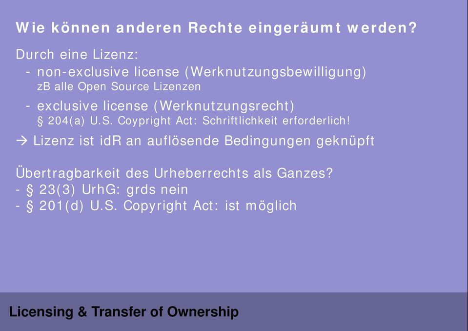 exclusive license (Werknutzungsrecht) 204(a) U.S. Coypright Act: Schriftlichkeit erforderlich!